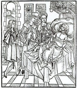 Chirurgien et assistants visitant un homme grièvement blessé, de 